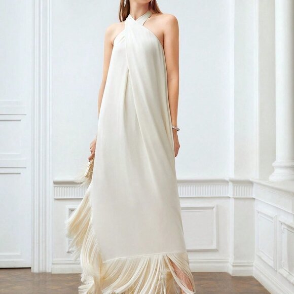 BEIGE PREPPY WOMENS FRINGE HEM CROSS HALTER DRESS - Picture 3 of 5